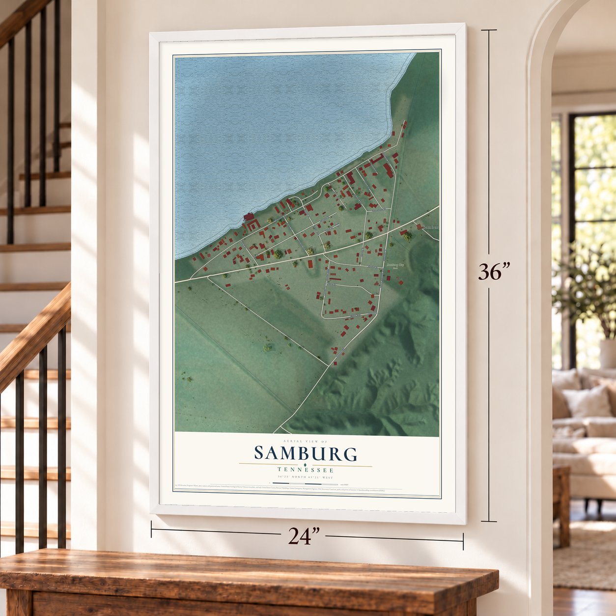 Samburg, Tennessee map, 24 x 36 inch print in a white frame by a staircase