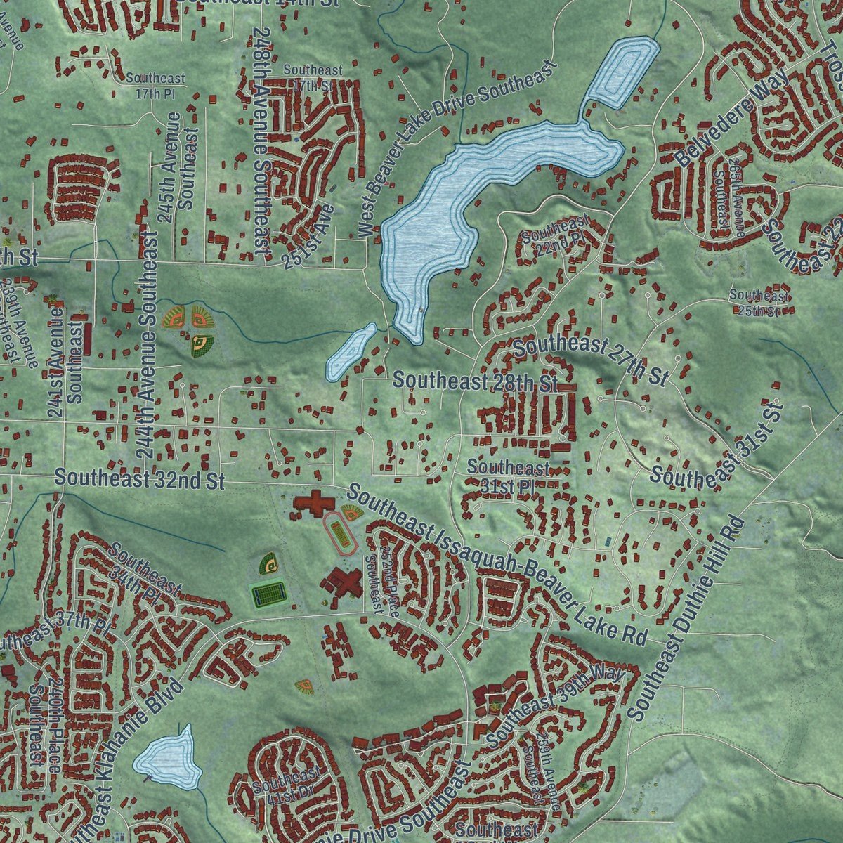 Second close-up of the map of Sammamish, Washington print showing more streets and buildings