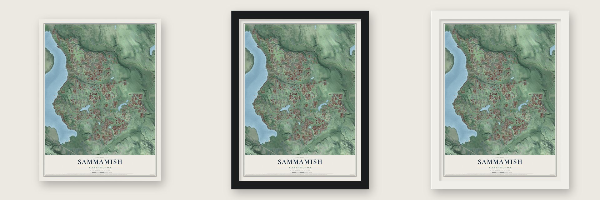 Sammamish, Washington map unframed, in a black wood frame and in a white wood frame