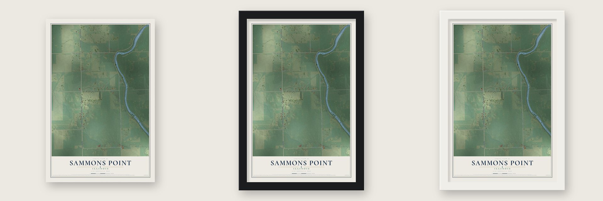 Sammons Point, Illinois map unframed, in a black wood frame and in a white wood frame
