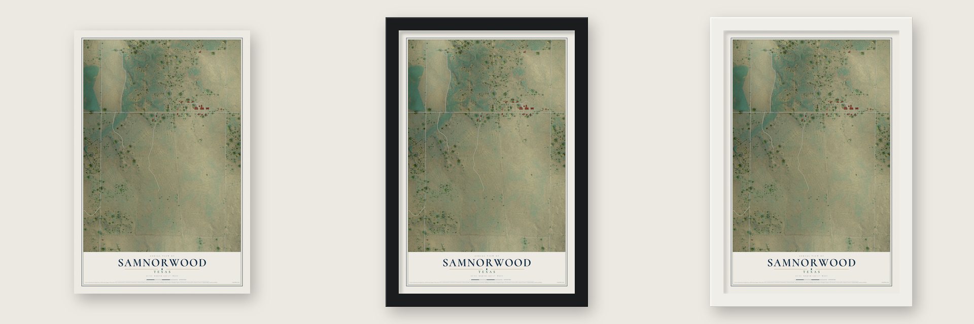 Samnorwood, Texas map unframed, in a black wood frame and in a white wood frame