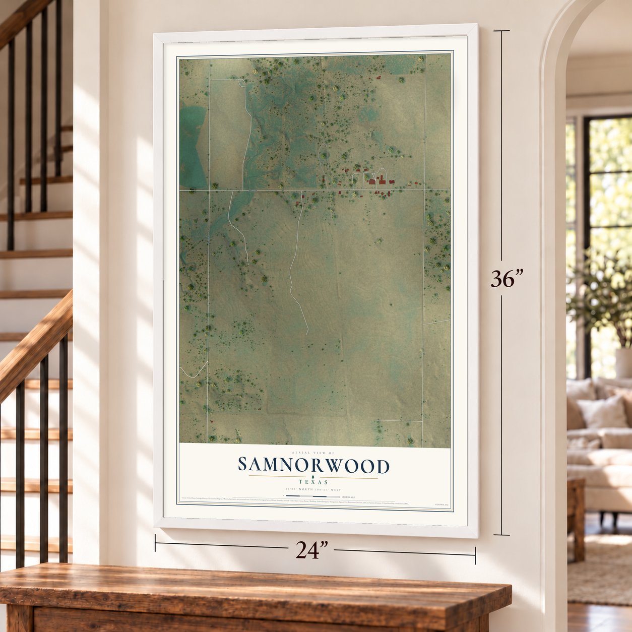 Samnorwood, Texas map, 24 x 36 inch print in a white frame by a staircase