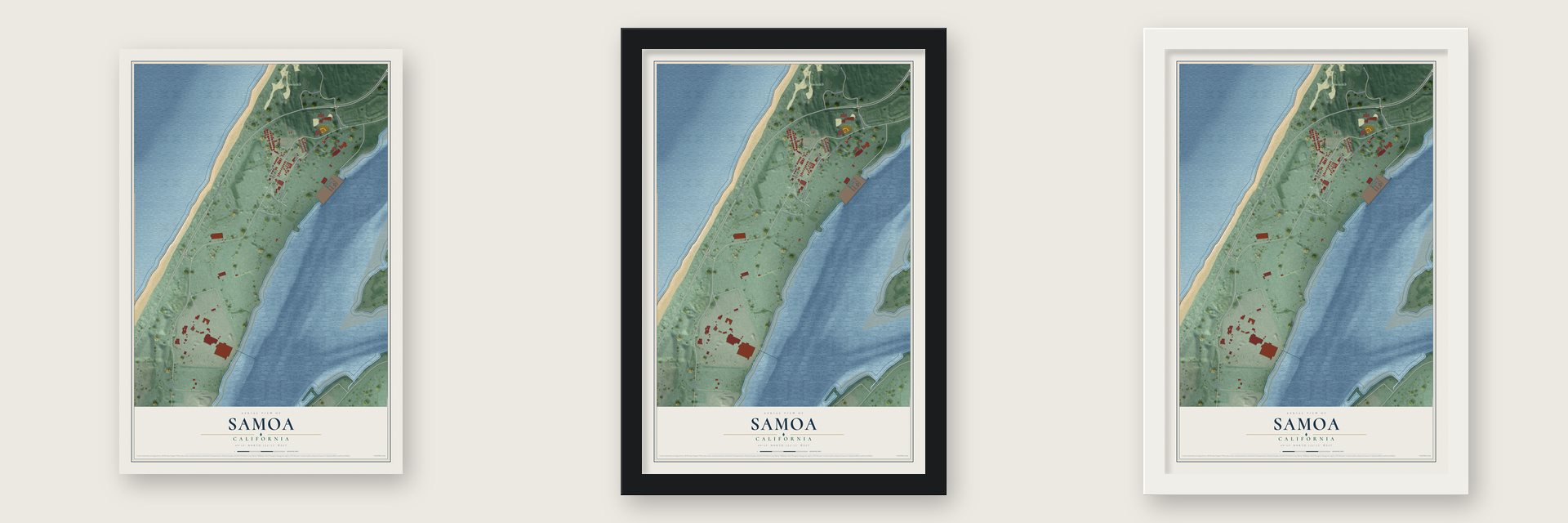 Samoa, California map unframed, in a black wood frame and in a white wood frame