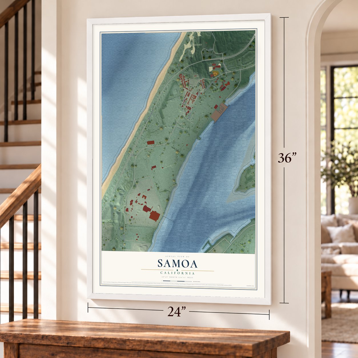 Samoa, California map, 24 x 36 inch print in a white frame by a staircase