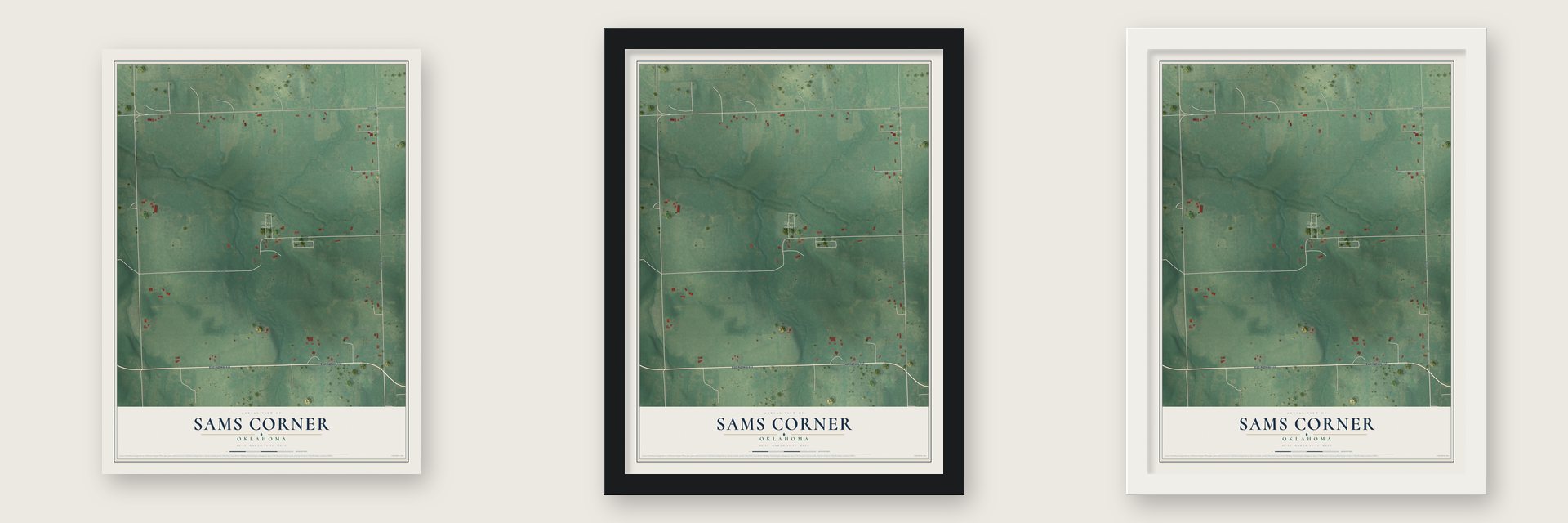 Sams Corner, Oklahoma map unframed, in a black wood frame and in a white wood frame