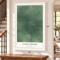 Sams Corner, Oklahoma map, 24 x 36 inch print in a white frame by a staircase