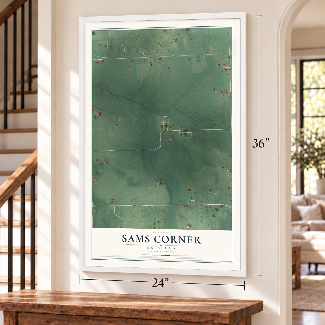 Sams Corner, Oklahoma map, 24 x 36 inch print in a white frame by a staircase