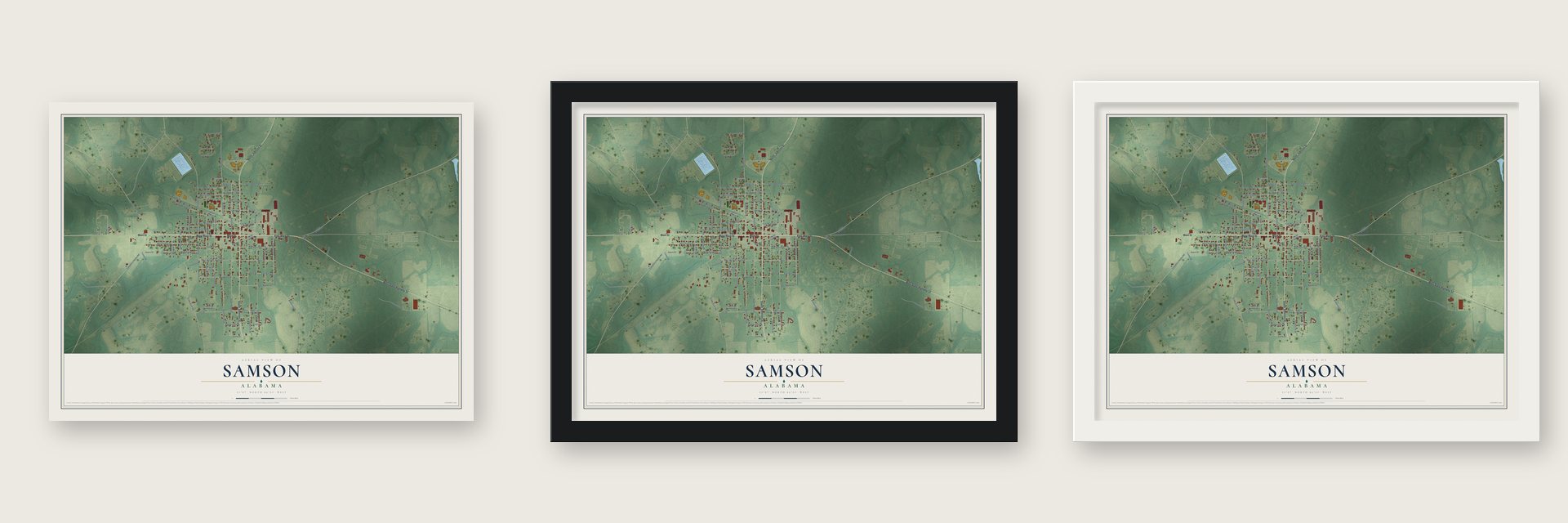 Samson, Alabama map unframed, in a black wood frame and in a white wood frame