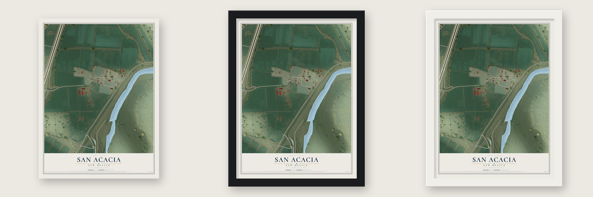 San Acacia, New Mexico map unframed, in a black wood frame and in a white wood frame