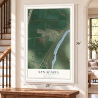 San Acacia, New Mexico map, 24 x 36 inch print in a white frame by a staircase