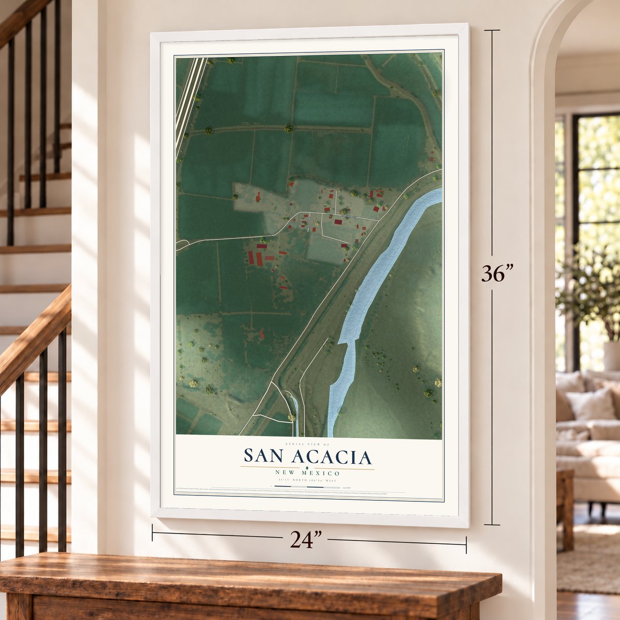 San Acacia, New Mexico map, 24 x 36 inch print in a white frame by a staircase