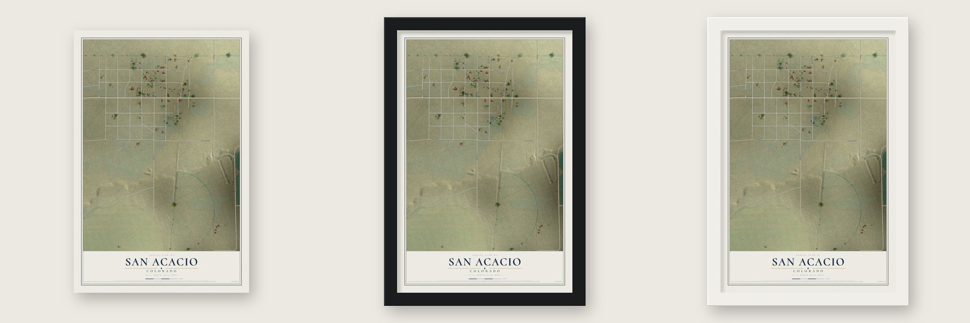 San Acacio, Colorado map unframed, in a black wood frame and in a white wood frame