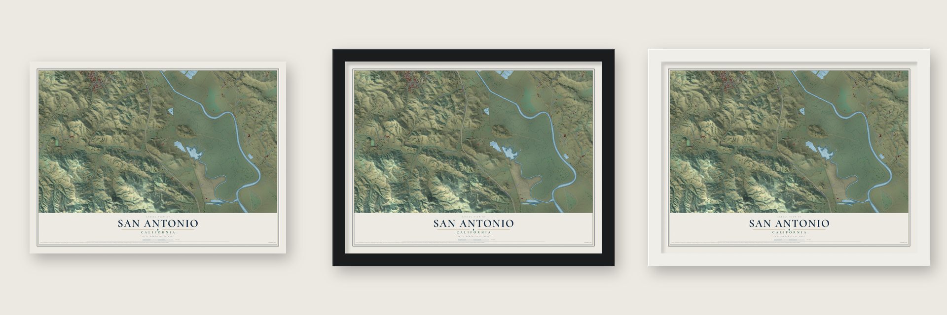 San Antonio, California map unframed, in a black wood frame and in a white wood frame