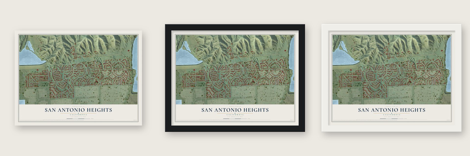 San Antonio Heights, California map unframed, in a black wood frame and in a white wood frame
