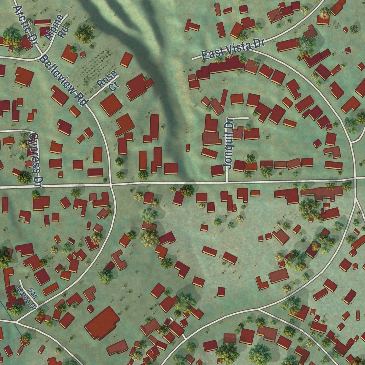 Second close-up of the map of San Antonio Heights, California print showing more streets and buildings