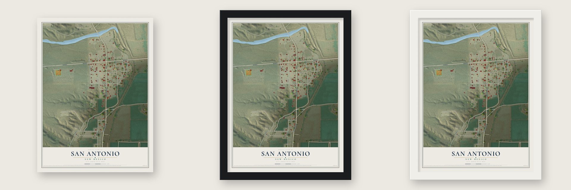San Antonio, New Mexico map unframed, in a black wood frame and in a white wood frame