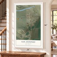 San Antonio, New Mexico map, 24 x 36 inch print in a white frame by a staircase