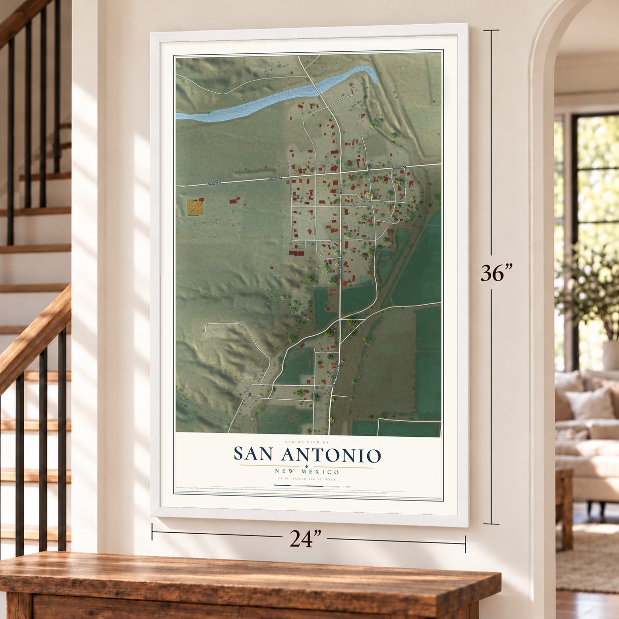 San Antonio, New Mexico map, 24 x 36 inch print in a white frame by a staircase