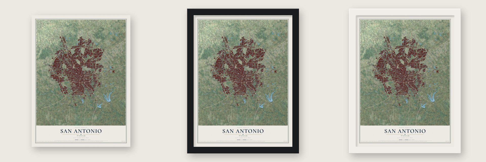 San Antonio, Texas map unframed, in a black wood frame and in a white wood frame