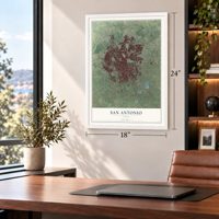 San Antonio, Texas map, 18 x 24 inch print in a white frame in a home office