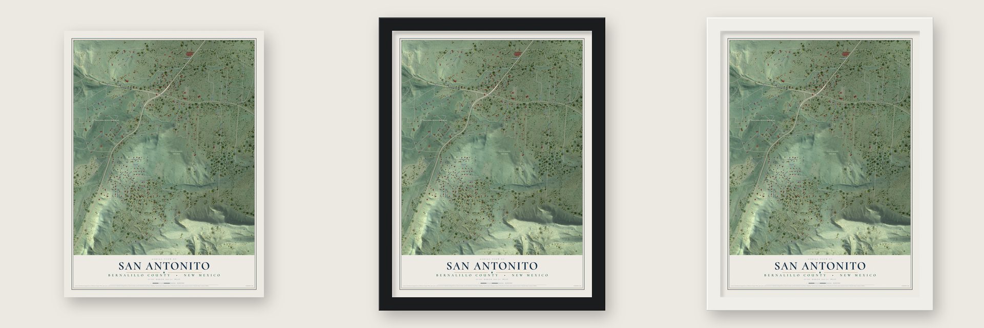 San Antonito, Bernalillo County, New Mexico map unframed, in a black wood frame and in a white wood frame
