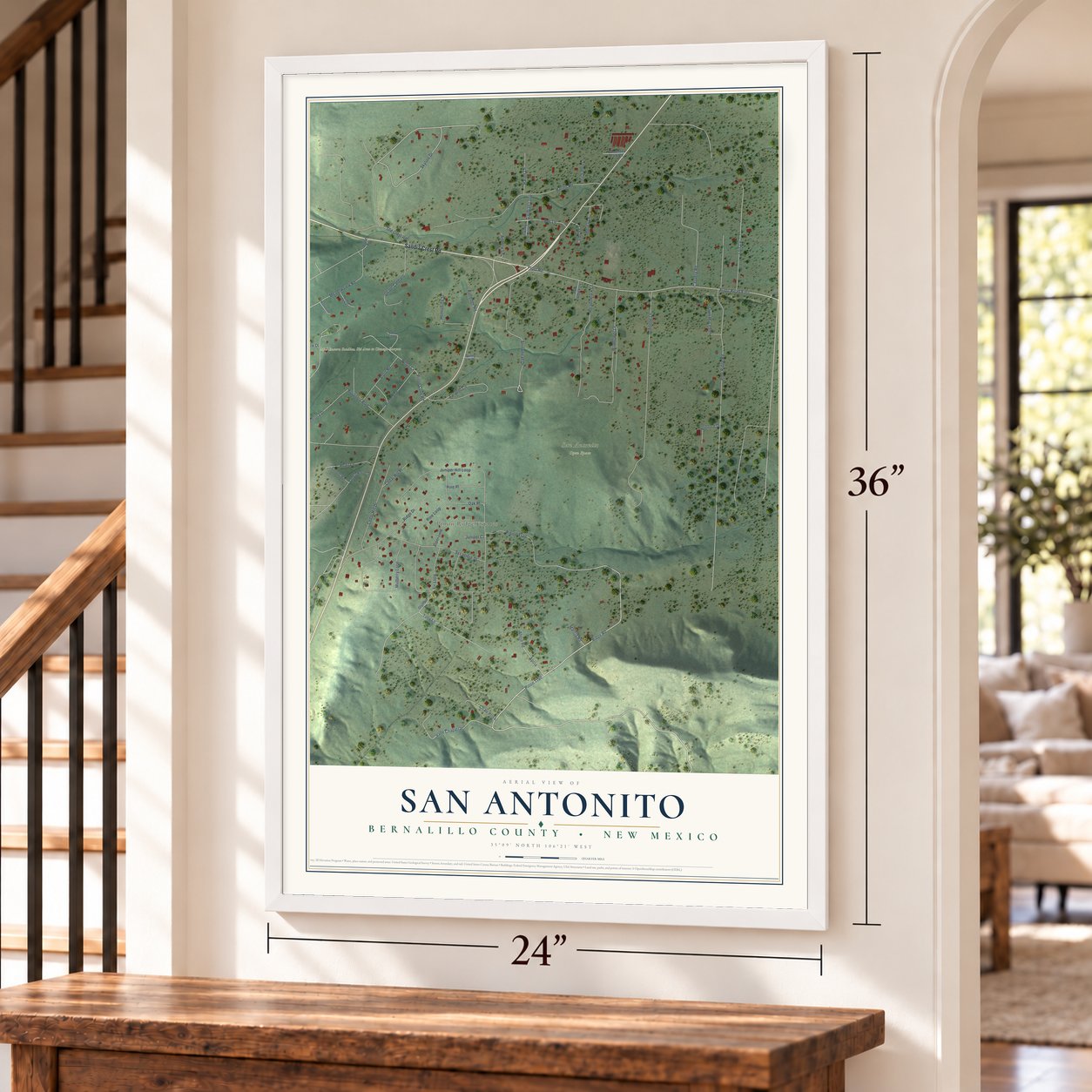 San Antonito, Bernalillo County, New Mexico map, 24 x 36 inch print in a white frame by a staircase