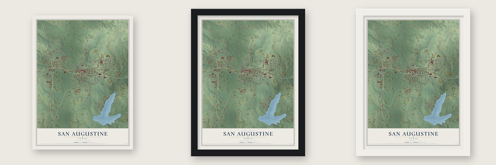 San Augustine, Texas map unframed, in a black wood frame and in a white wood frame