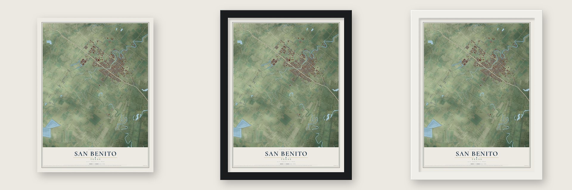 San Benito, Texas map unframed, in a black wood frame and in a white wood frame