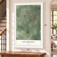 San Benito, Texas map, 24 x 36 inch print in a white frame by a staircase
