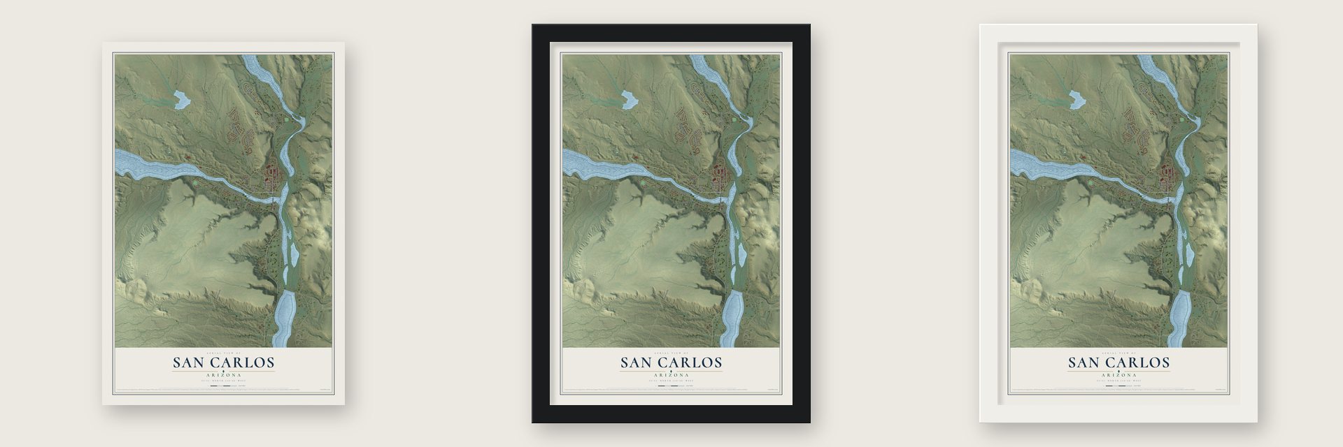 San Carlos, Arizona map unframed, in a black wood frame and in a white wood frame