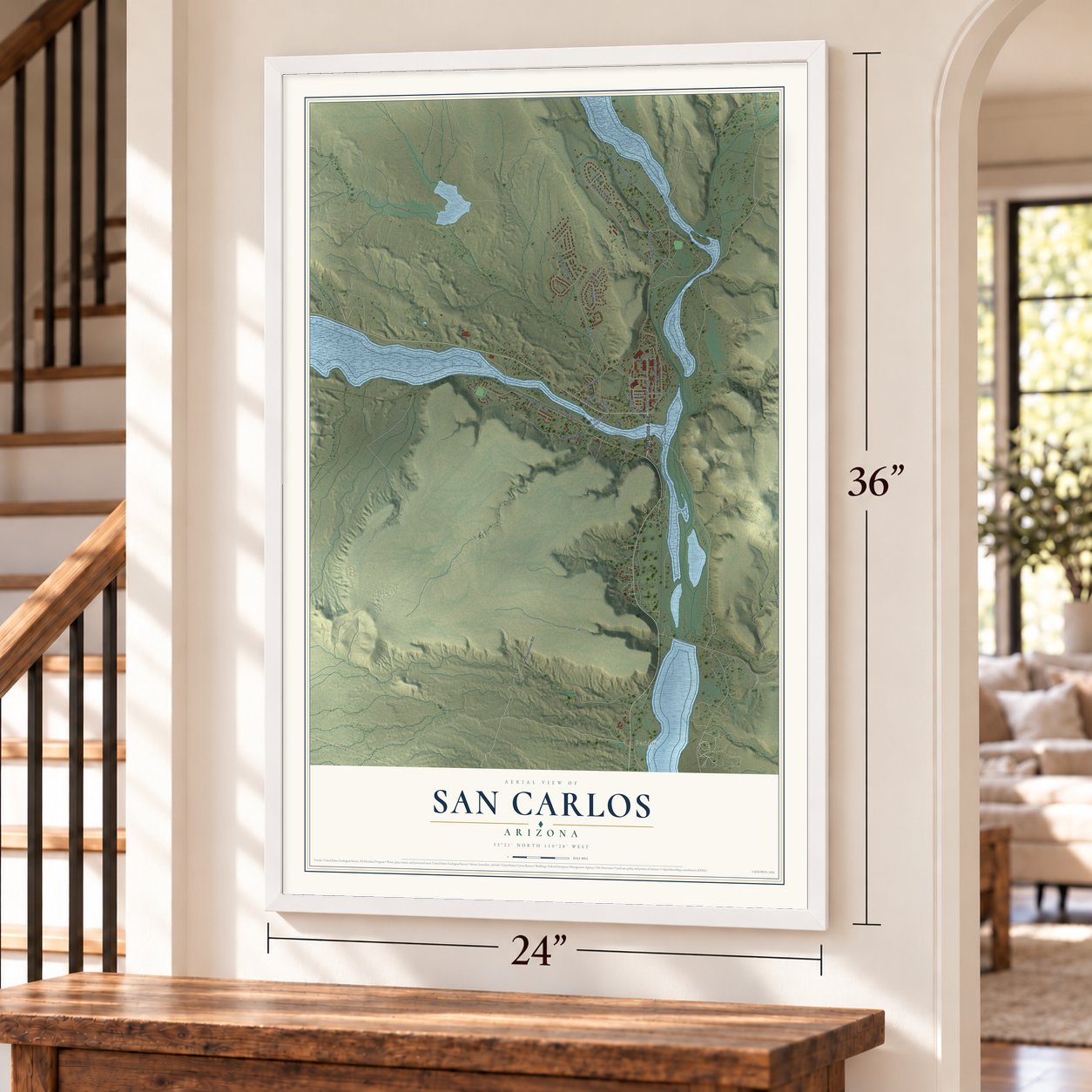 San Carlos, Arizona map, 24 x 36 inch print in a white frame by a staircase