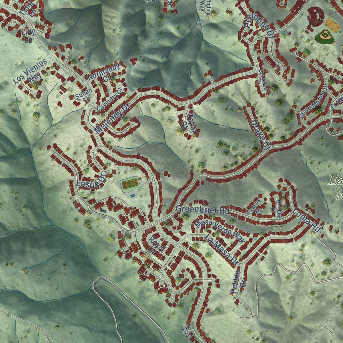 Second close-up of the map of San Carlos, California print showing more streets and buildings