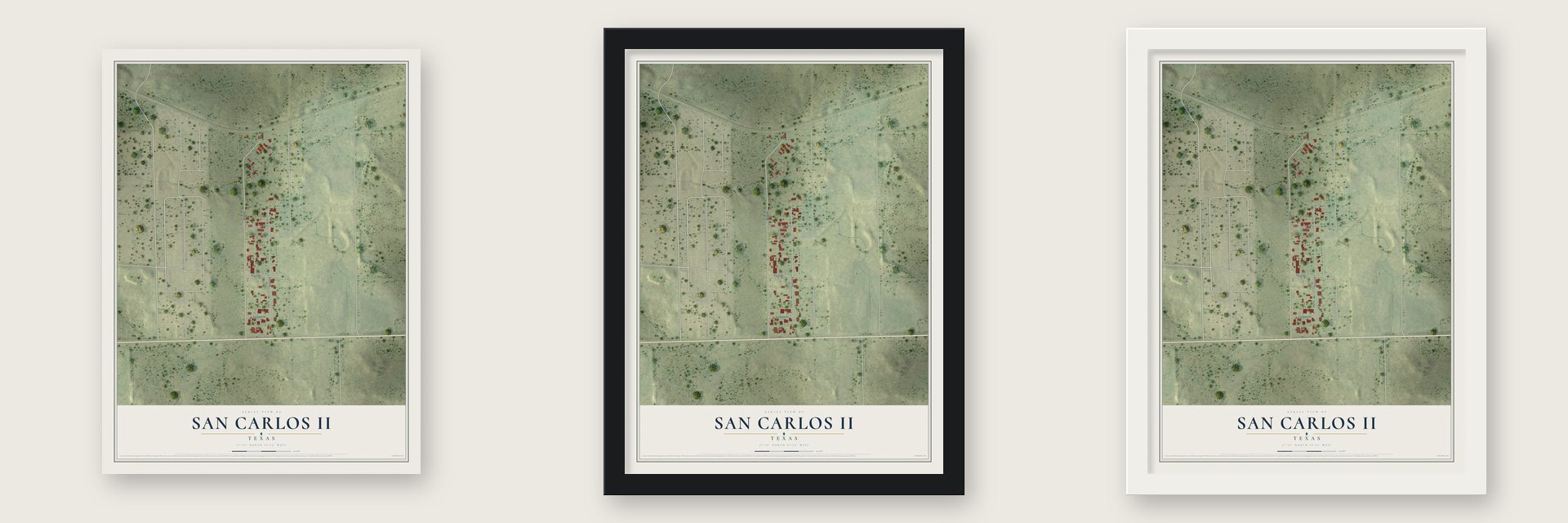San Carlos II, Texas map unframed, in a black wood frame and in a white wood frame
