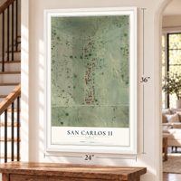 San Carlos II, Texas map, 24 x 36 inch print in a white frame by a staircase