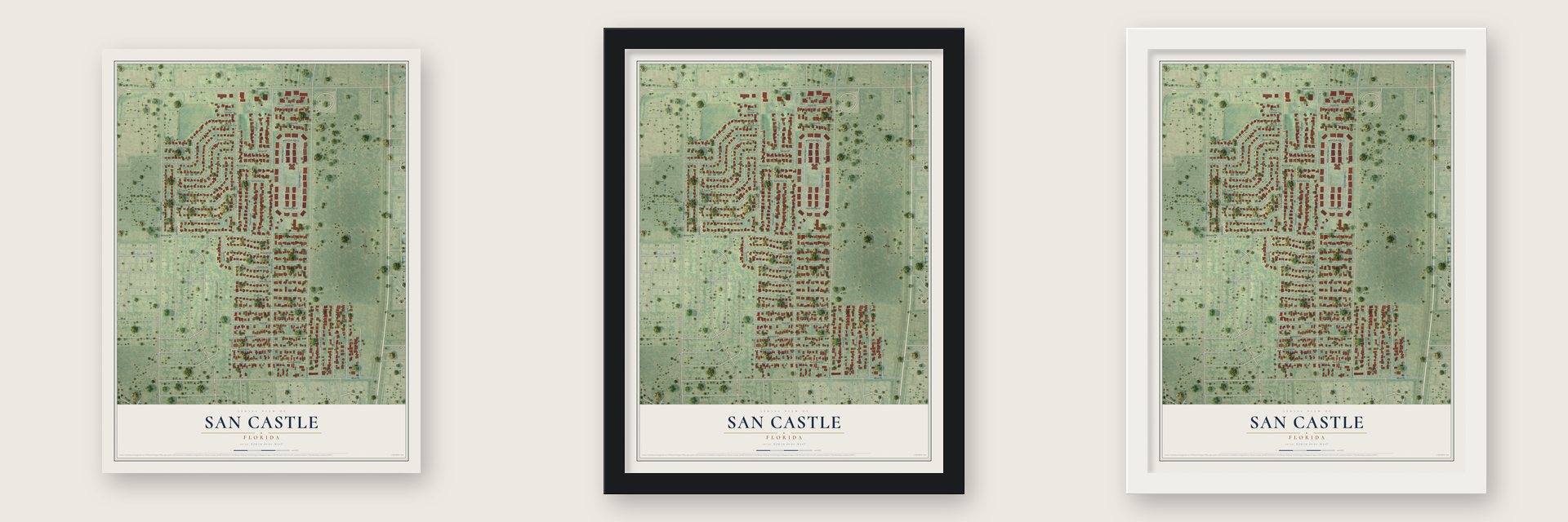 San Castle, Florida map unframed, in a black wood frame and in a white wood frame