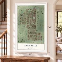 San Castle, Florida map, 24 x 36 inch print in a white frame by a staircase