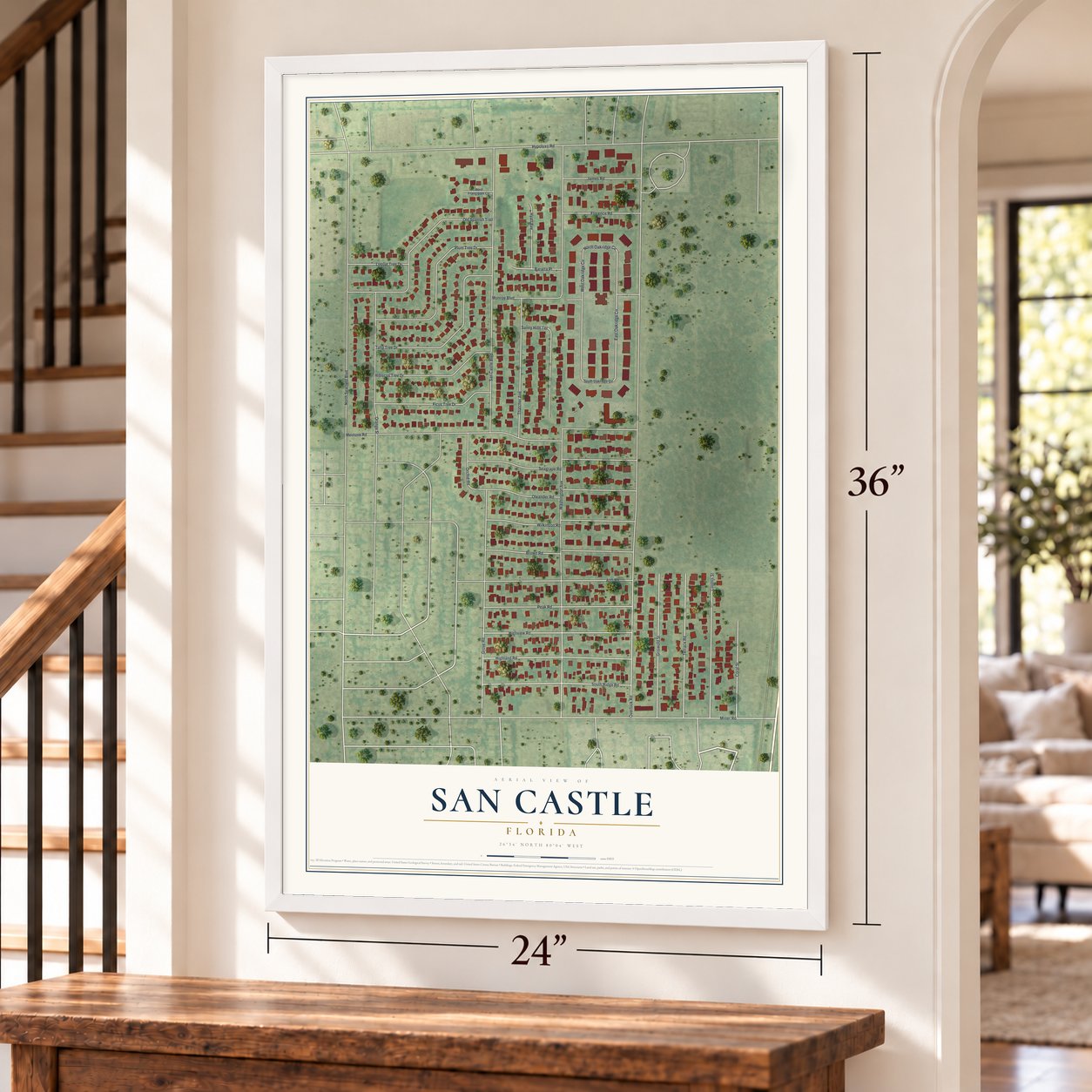San Castle, Florida map, 24 x 36 inch print in a white frame by a staircase