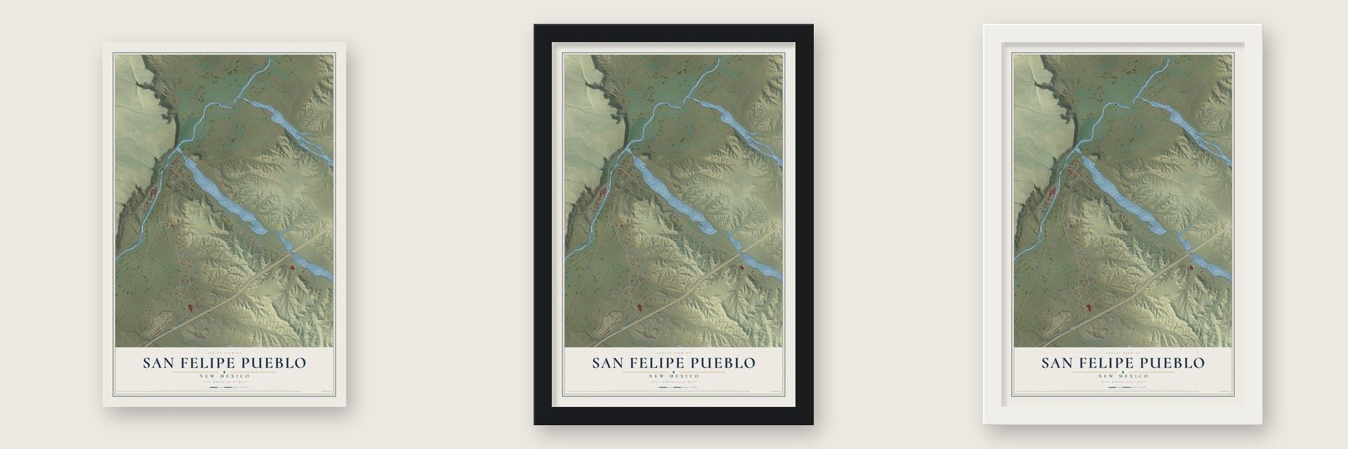 San Felipe Pueblo, New Mexico map unframed, in a black wood frame and in a white wood frame