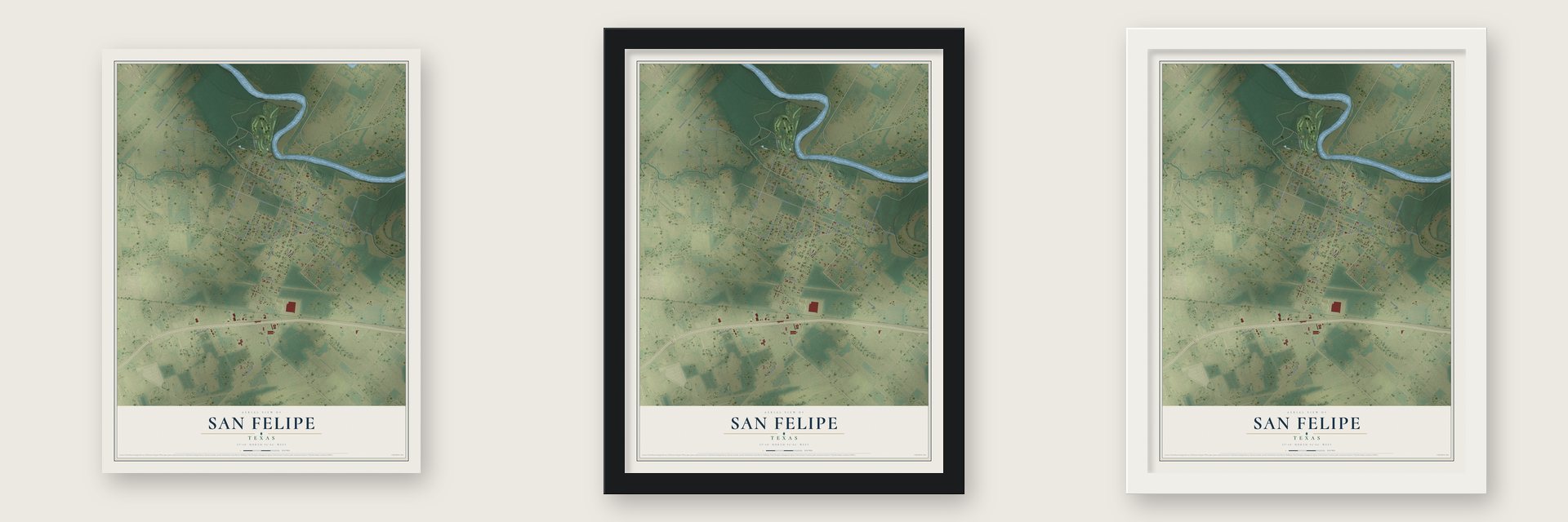 San Felipe, Texas map unframed, in a black wood frame and in a white wood frame