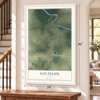 San Felipe, Texas map, 24 x 36 inch print in a white frame by a staircase