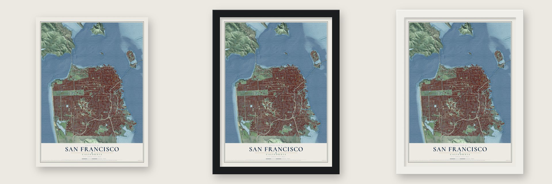 San Francisco, California map unframed, in a black wood frame and in a white wood frame