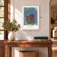 San Francisco, California map, 12 x 18 inch print in a white frame in an entryway