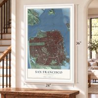 San Francisco, California map, 24 x 36 inch print in a white frame by a staircase