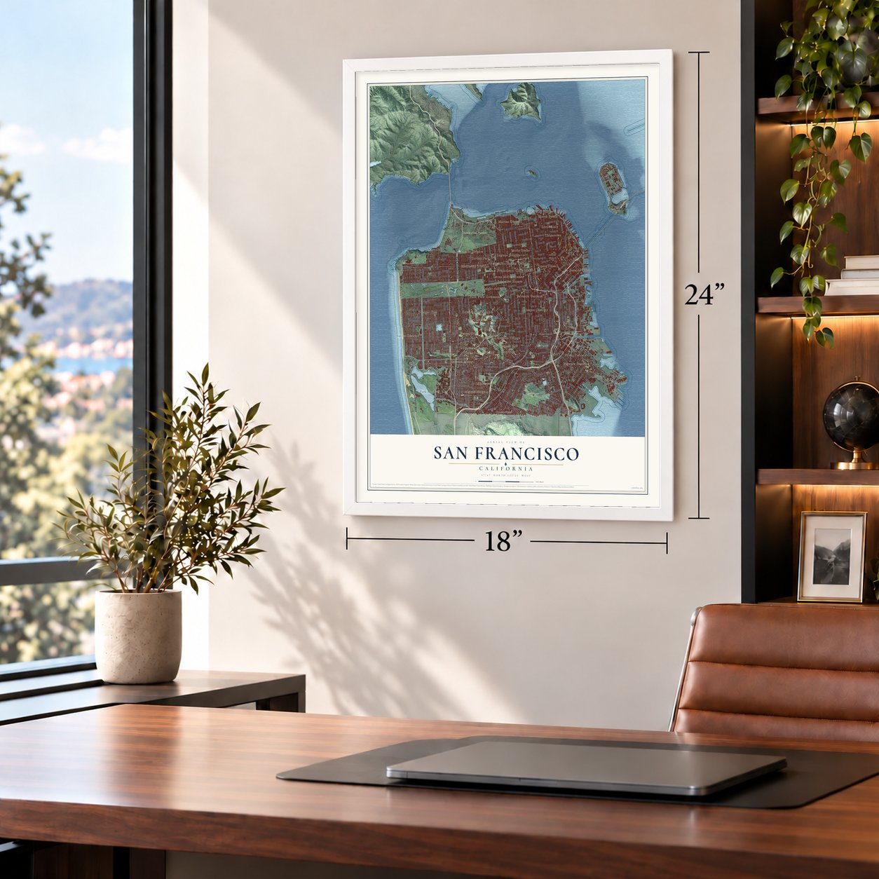 San Francisco, California map, 18 x 24 inch print in a white frame in a home office