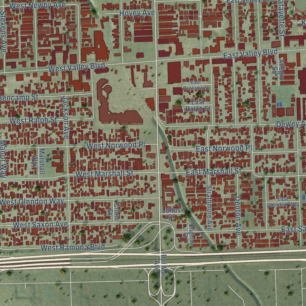 Second close-up of the map of San Gabriel, California print showing more streets and buildings
