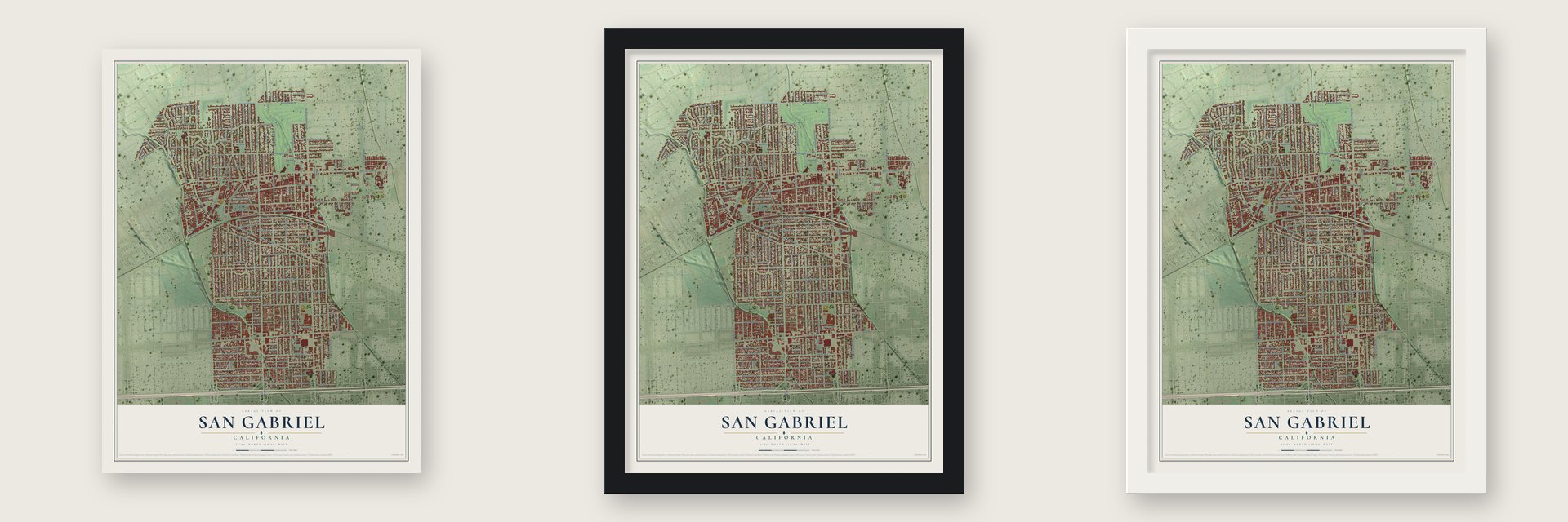 San Gabriel, California map unframed, in a black wood frame and in a white wood frame