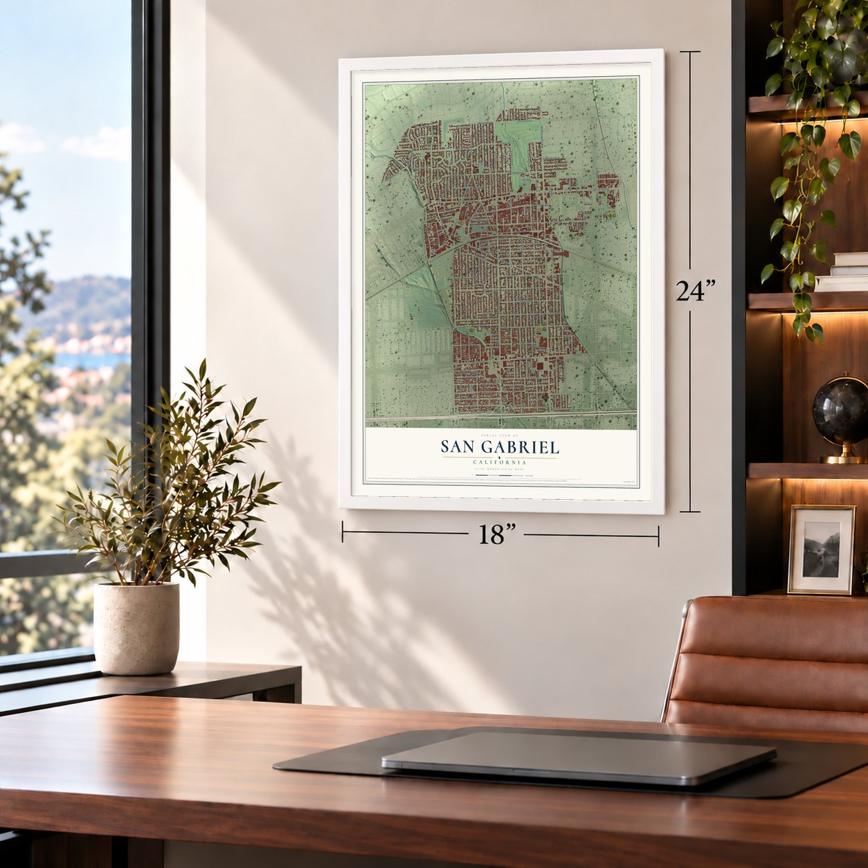 San Gabriel, California map, 18 x 24 inch print in a white frame in a home office