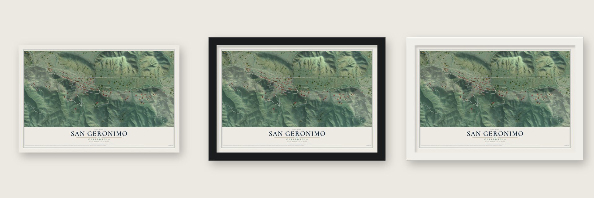San Geronimo, California map unframed, in a black wood frame and in a white wood frame