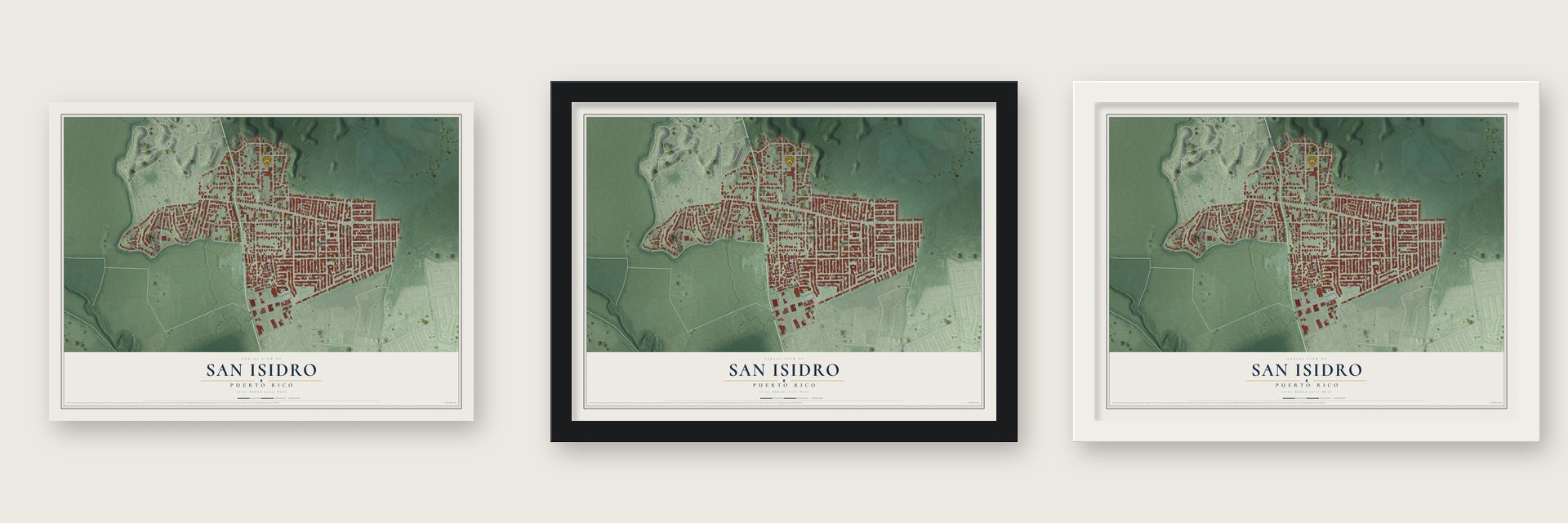 San Isidro, Puerto Rico map unframed, in a black wood frame and in a white wood frame