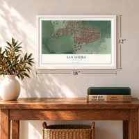 San Isidro, Puerto Rico map, 12 x 18 inch print in a white frame in an entryway
